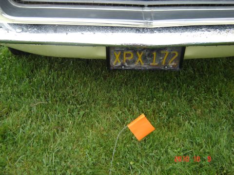 1993 Ford Bronco - The rear bumper and license plate of a vehicle are visible, with a small orange flag in the grass below.