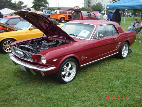 1993 Ford Bronco - Red 1965 Ford Mustang coupe at a car show, hood open, with other vehicles visible.