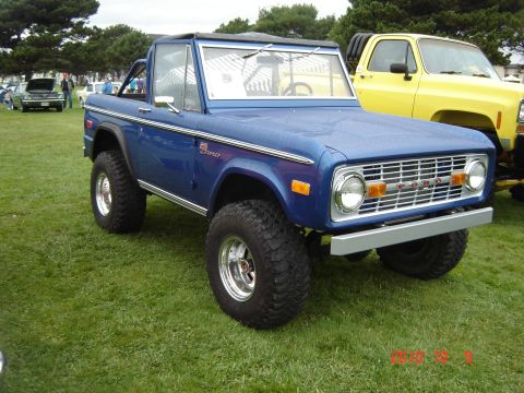 1993 Ford Bronco - A classic blue Ford Bronco is parked on a grassy field with other vehicles in the background.