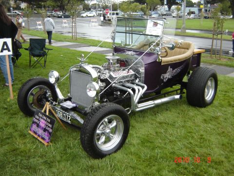 1993 Ford Bronco - A custom hot rod with a powerful engine and unique purple paint is displayed on a grassy field.
