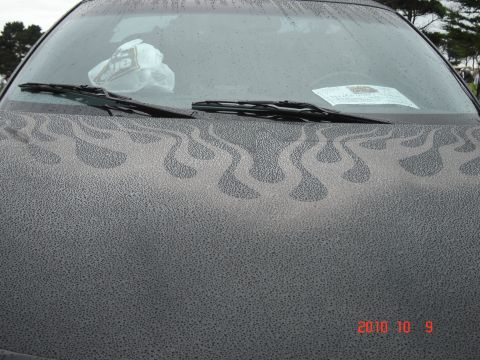 1993 Ford Bronco - Hood with flame graphics and water on the windshield.