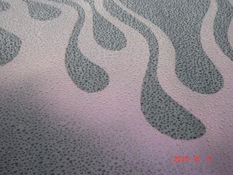 1993 Ford Bronco - Water droplets cover the custom flame paint job on a vehicle's surface.