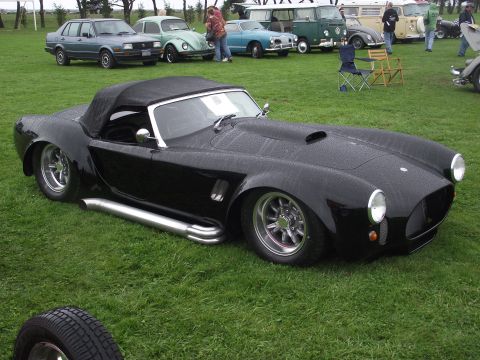 1993 Ford Bronco - A black AC Cobra replica sits on a grassy field, with other vehicles visible in the background.