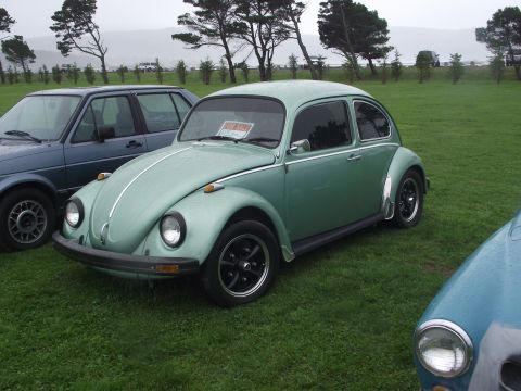 1993 Ford Bronco - A green Volkswagen Beetle is parked on a grassy field next to other vehicles under a cloudy sky.