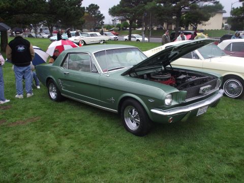 1993 Ford Bronco - Green 1965 Ford Mustang coupe at a car show, hood open, parked on grass.
