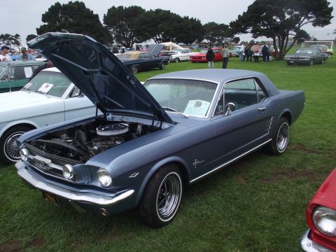1993 Ford Bronco - Three-quarter front view of a light blue first-generation Ford Mustang hardtop coupe at an outdoor grass car show, hood propped open over a…