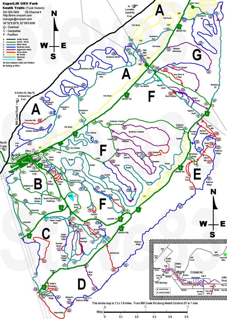 IF THE IMAGE IS TOO SMALL, click it.

The diamonds are the park ratings; the colors are my own ratings, based on driving them in my "stock" full-size Bronco.  Everything is GPS-confirmed except C15, Shaffner's Hollow,  Outlaw, One Rock at a Time, the SE end of Greg's Rocks, Too Easy, Vertical Challenge, & Warn Hill.

The official park maps are available from this page: 
http://www.orvpark.com/trail.asp