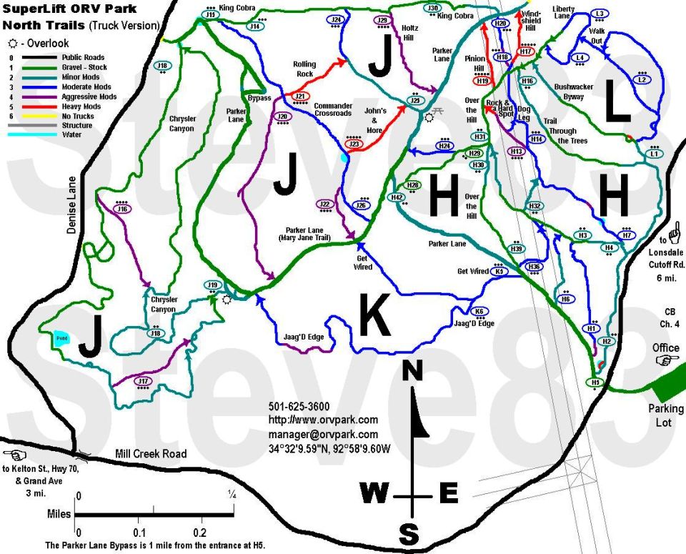IF THE IMAGE IS TOO SMALL, click it.

The diamonds are the park ratings; the colors are my own ratings, based on driving them in my "stock" full-size Bronco.  All GPS-confirmed except J16, Holtz Hill, & the W end of Get Wired. 

The official park maps are available from this page: 
http://www.orvpark.com/trail.asp