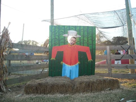 1979 Ford F-150 - A child poses for a photo in a scarecrow cutout board, surrounded by hay bales and fencing.