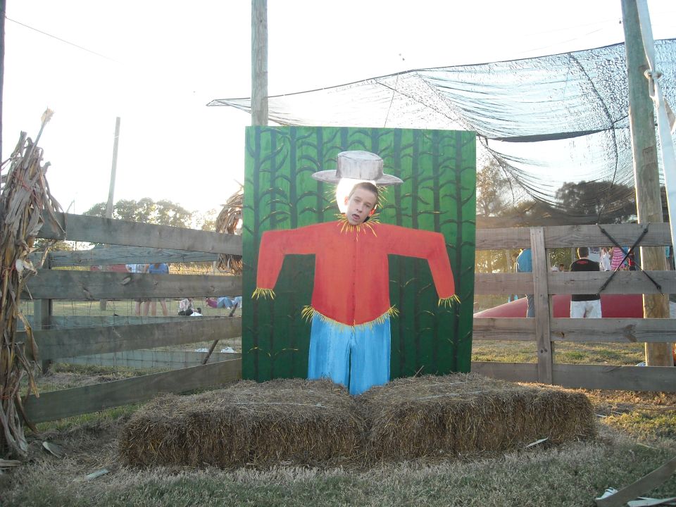 Kid's head poking through a scarecrow cutout at an outdoor event