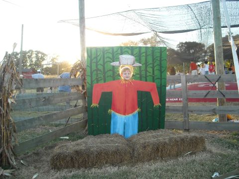 1979 Ford F-150 - A child poses in a scarecrow cutout at an outdoor event with hay bales and a wooden fence.