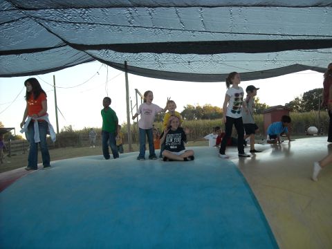1979 Ford F-150 - A group of children enjoy themselves on a colorful bouncy castle under a large shade net.