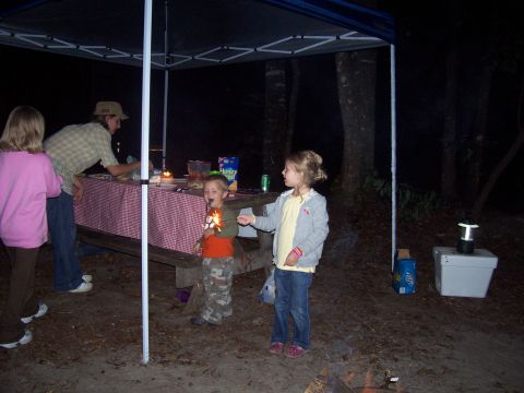 1994 Ford Bronco - Children enjoy sparklers during an outdoor gathering at night, with a picnic table and canopy set up.