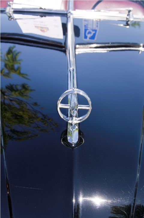 2006 Cadillac STS - A close-up of a car's hood ornament, reflecting trees and sky.