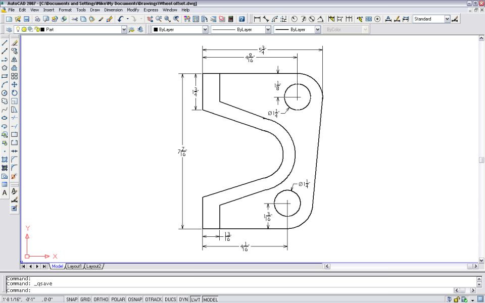 AutoCAD dimensioned drawing of a wheel offset bracket profile with bolt holes