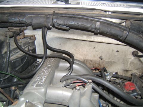 1988 Ford Bronco - Close-up of an engine bay showing a Ford electronic fuel injection manifold and cracked hoses.