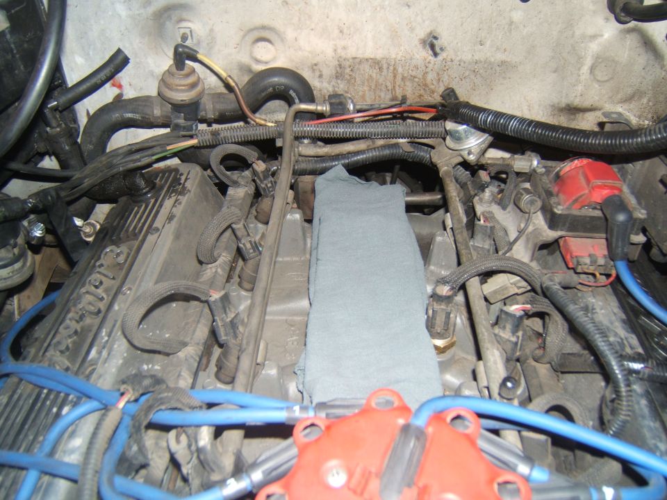 Engine bay with blue spark plug wires, red distributor cap, and a gray cloth covering part of the engine