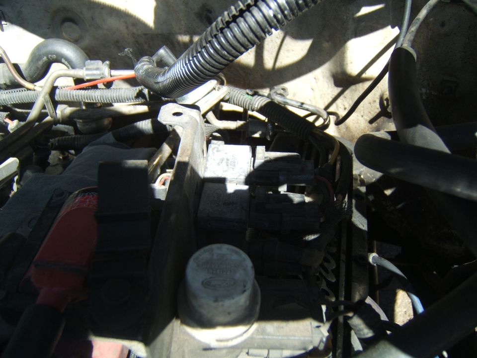 Close-up of a vehicle's engine bay showing a fuse box, wiring harnesses, and hoses