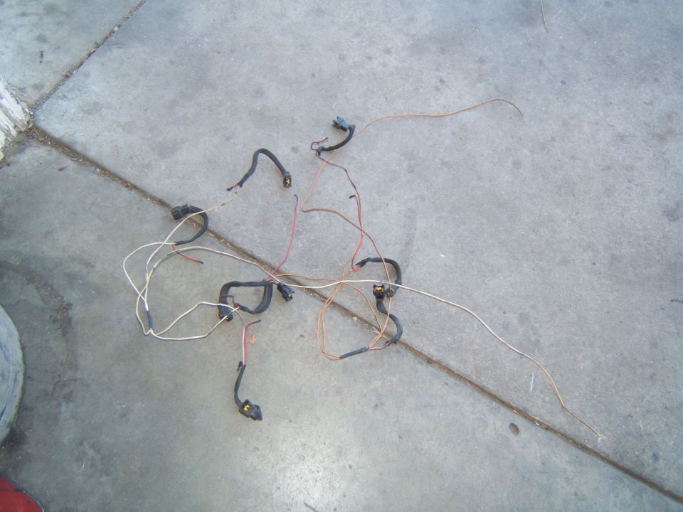 Wiring harness with multiple connectors lying on concrete