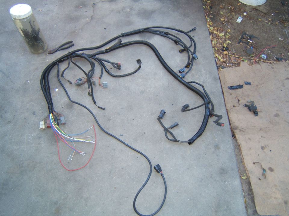 engine wiring harness laid out on concrete, with a jar of wires and pliers nearby