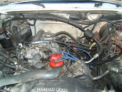 1988 Ford Bronco - The engine bay is filled with various components, including hoses, wires, and a red MSD distributor cap.