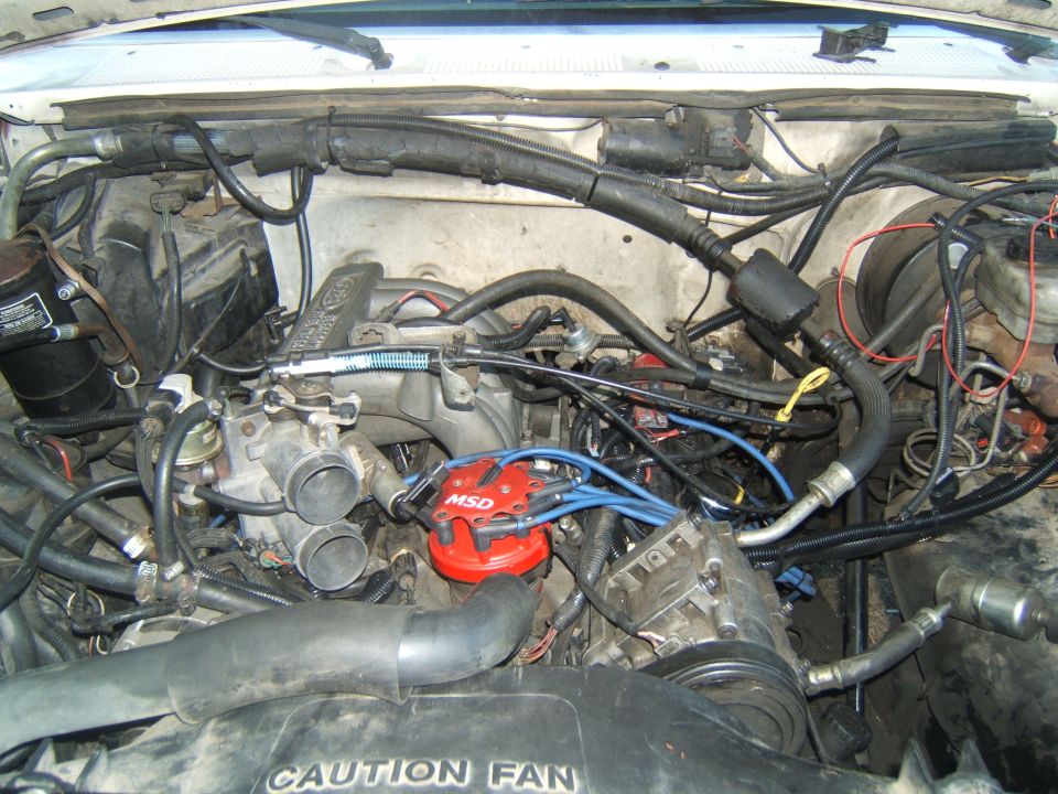 Engine bay with lots of wires and hoses, red MSD distributor cap visible