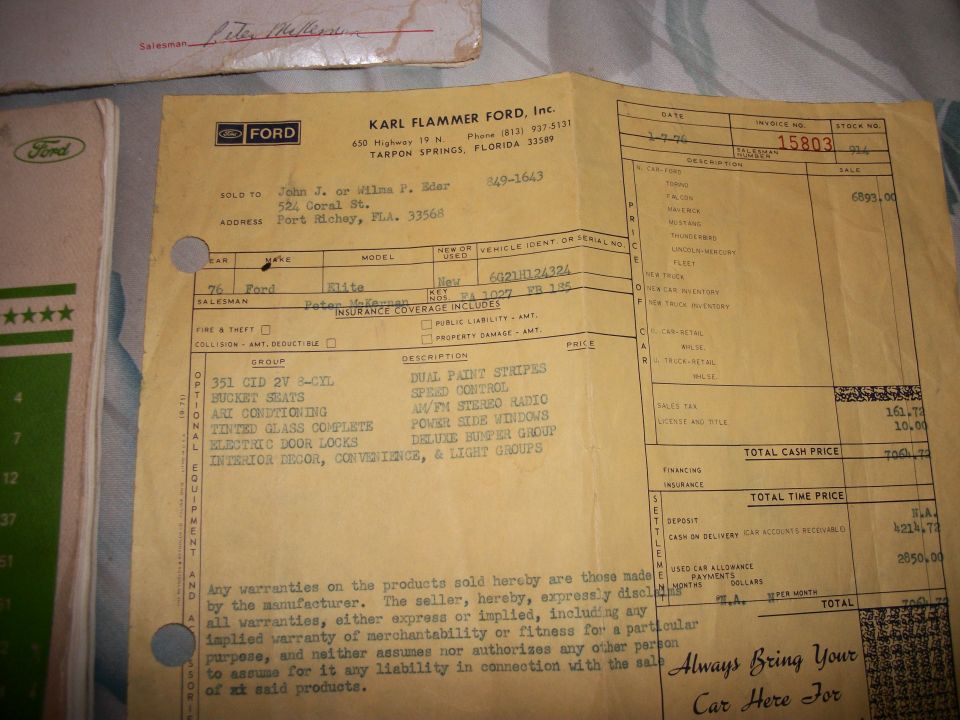 1976 Karl Flammer Ford dealer invoice for a Ford Elite listing 351 2V V8 and options