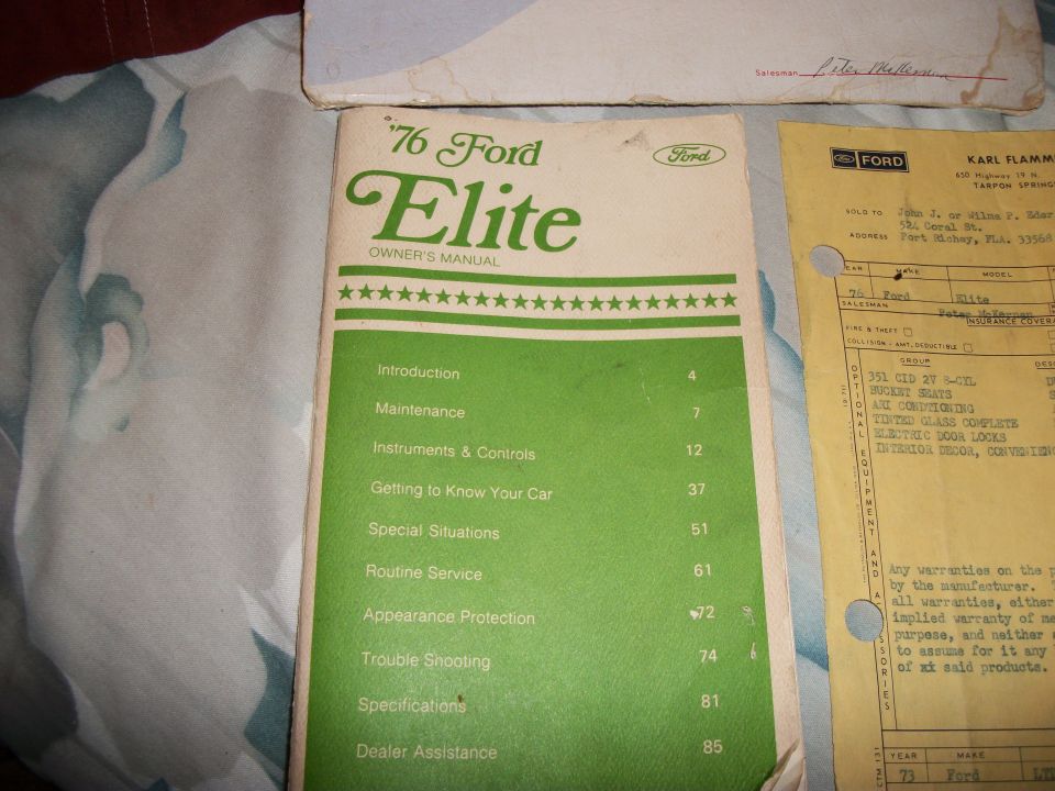 1976 Ford Elite owner's manual cover with table of contents
