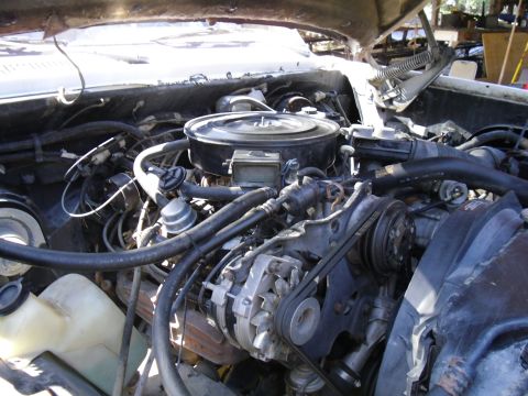 1987 Dodge 1500 - Close-up view of a vehicle's engine bay, showing the alternator and air conditioning compressor driven by V-belts.