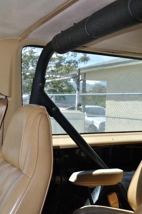 1987 Dodge 1500 - Interior view of a vehicle, focusing on the roll cage and seating area, with a glimpse of the outdoors through the window.