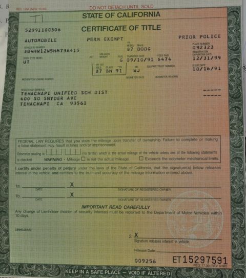 1987 Dodge 1500 - California Certificate of Title document shows vehicle details and ownership information.