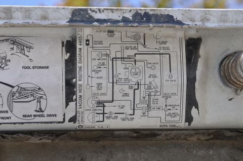 1987 Dodge 1500 - This diagram details the vacuum hose routing for a Chrysler 5.0L-4 engine, including tool storage and rear wheel drive information.