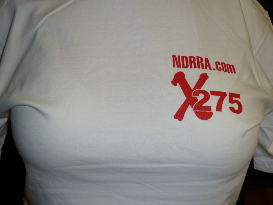 White t-shirt with red NDRRA.COM and X275 graphic