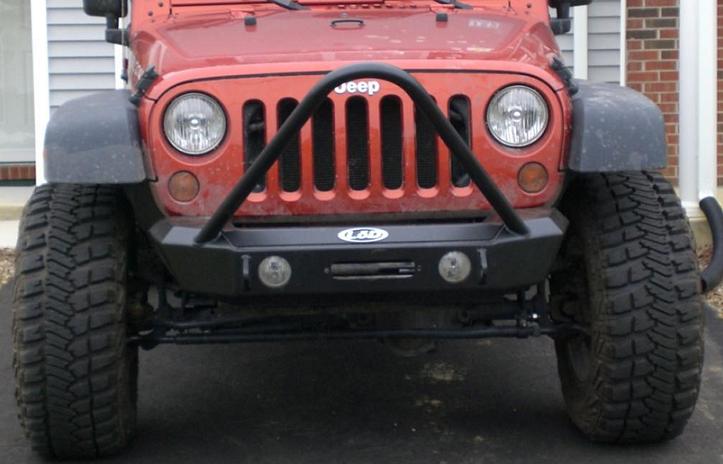 Red Jeep Wrangler front bumper with winch and brush guard