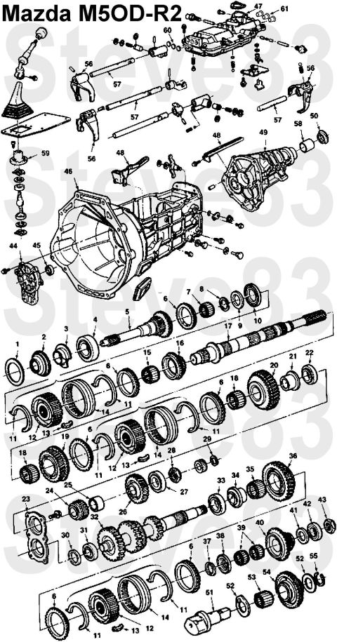 1983 Ford Bronco - Mazda M5OD-R2 Exploded IF THE IMAGE IS TOO SMALL, click it. M5OD-R2 TRANSMISSION GEAR RATIOS (according to [url=http://www.f150hub.com/tran…