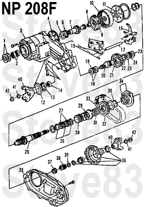 1983 Ford Bronco - New Process 208-F Transfer Case (E4TA-7A195-GA) Exploded 1 - Input Seal 2 - Input Bearing 3 - Front Case Half 4 - Range Cog 5 - Spacer 6 -…