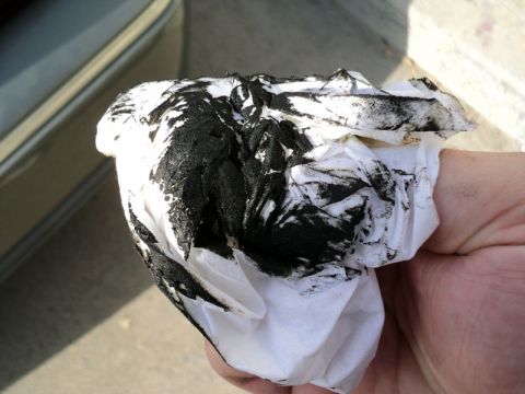 2001 Mercury Grand Marquis - A hand holds a paper towel stained with black used oil, with a portion of a silver vehicle in the background.