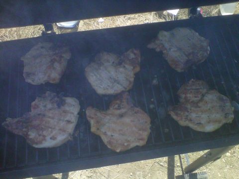 1986 Ford Bronco - Several pork chops are being grilled outdoors. The Supermotors.net logo is visible in the lower right corner.