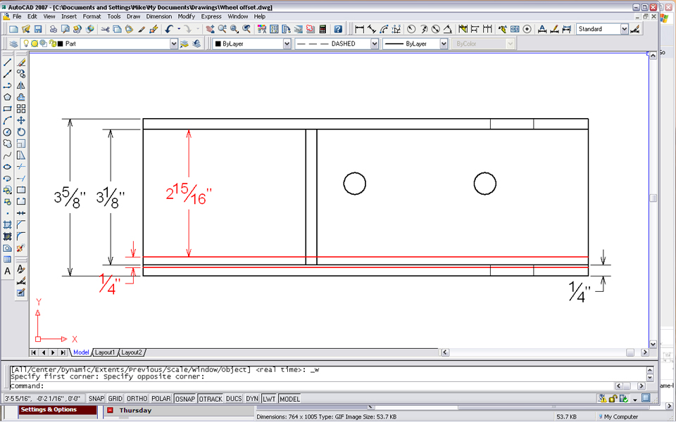 AutoCAD dimensioned drawing of a rectangular plate with two holes