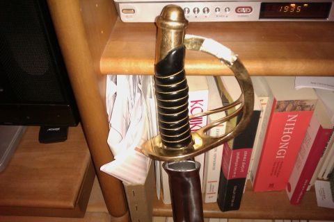 1991 Ford Crown Victoria - A close-up of a sword's hilt is shown, resting on a shelf with various books and electronic devices.