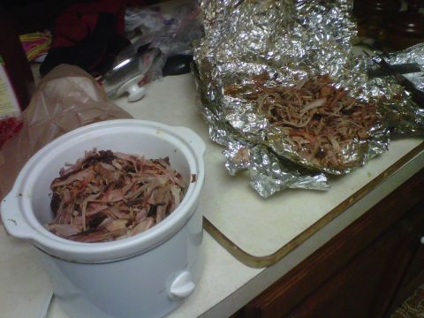 1986 Ford Bronco - Pulled pork is ready to serve from a slow cooker and foil wrap.