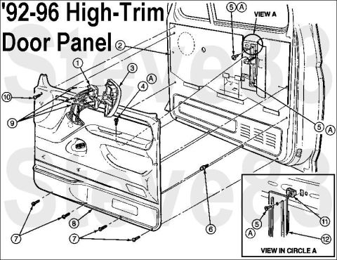 1983 Ford Bronco - '92-96 Door Panel, High Trim 1 Window Regulator Control Wiring (Part of 14630) 2 Front Door Trim Shield 237A04 3 Window Regulator Switch Ho…