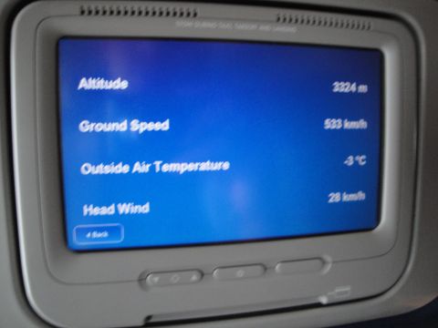 1989 Ford Taurus - The in-flight entertainment system displays flight data including altitude, ground speed, outside air temperature, and head wind.