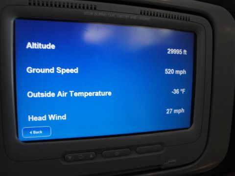 1989 Ford Taurus - This in-flight entertainment screen shows current flight data including altitude, ground speed, outside air temperature, and head wind.