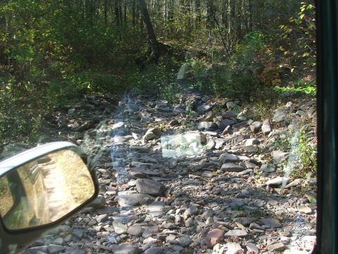 1996 Ford Bronco - Driving on a rough, rocky path through the woods, seen from the driver's perspective.