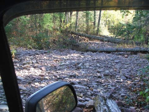1996 Ford Bronco - Driving through a rocky, wooded area with fallen trees blocking the path.