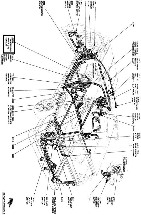 1995 Ford Bronco - Schematic routing diagram of a vehicle wiring harness with labeled connectors, sensors, and grounds throughout the body.