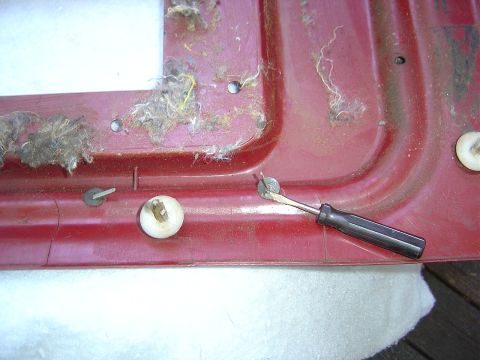 1986 Ford Bronco - Removing a door panel clip with a trim removal tool.