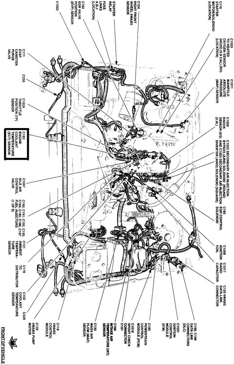 1995 Ford Bronco - Schematic showing engine wiring harness routing and component/connector locations across the engine bay.