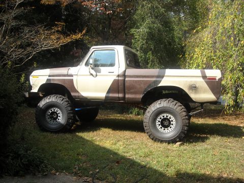 1979 Ford F-150 - A lifted pickup truck with a two-tone camouflage paint job sits on a grassy lawn.
